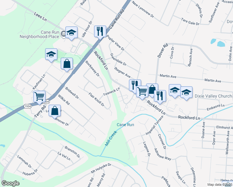 map of restaurants, bars, coffee shops, grocery stores, and more near 2802 Rockford Lane in Louisville