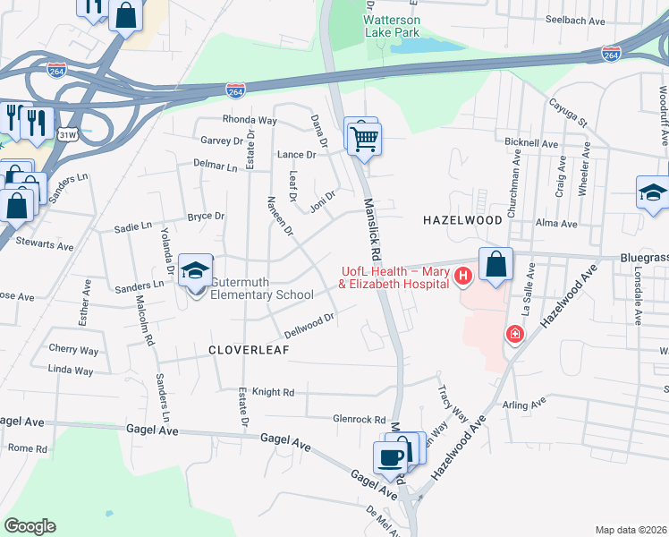 map of restaurants, bars, coffee shops, grocery stores, and more near 1409 Cloverhills Drive in Louisville