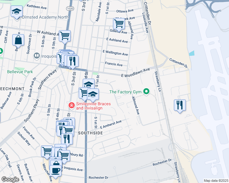 map of restaurants, bars, coffee shops, grocery stores, and more near 401 Douglas Park in Louisville