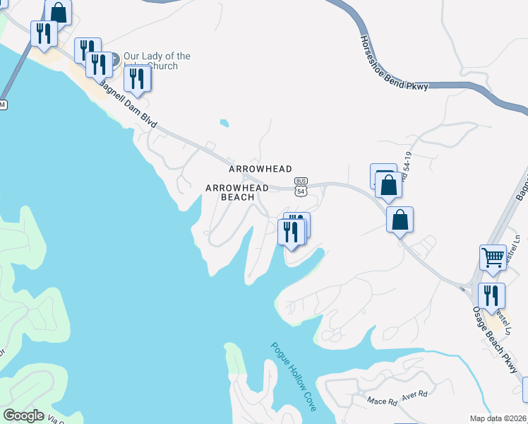 map of restaurants, bars, coffee shops, grocery stores, and more near 41-99 Arrowhead Beach Road in Lake Ozark