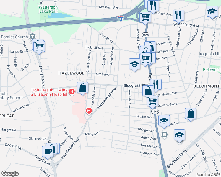 map of restaurants, bars, coffee shops, grocery stores, and more near 1440 Bluegrass Avenue in Louisville
