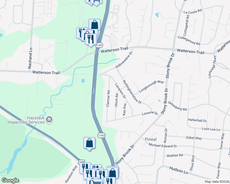 map of restaurants, bars, coffee shops, grocery stores, and more near 4715 Lacarem Drive in Jeffersontown
