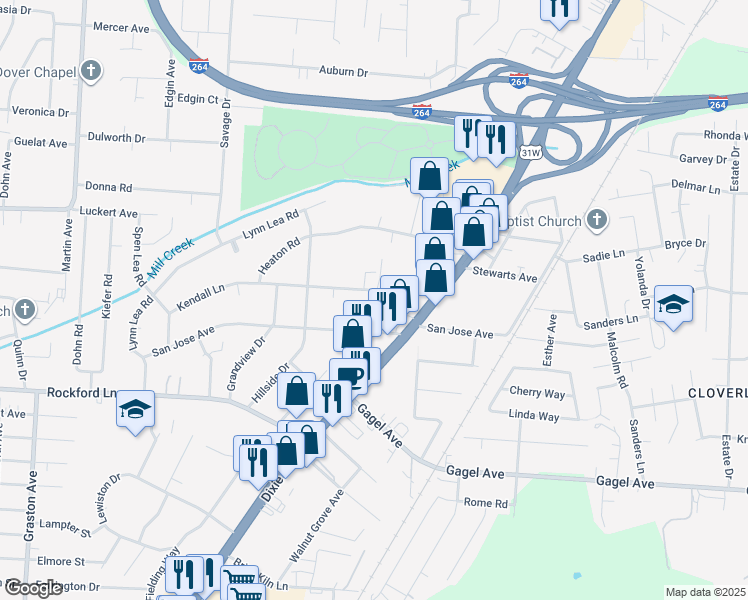map of restaurants, bars, coffee shops, grocery stores, and more near 1836 Kendall Lane in Louisville
