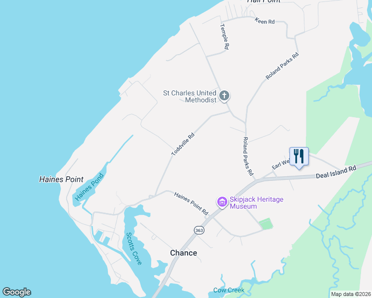 map of restaurants, bars, coffee shops, grocery stores, and more near 10793 Toddville Road in Deal Island Historic District