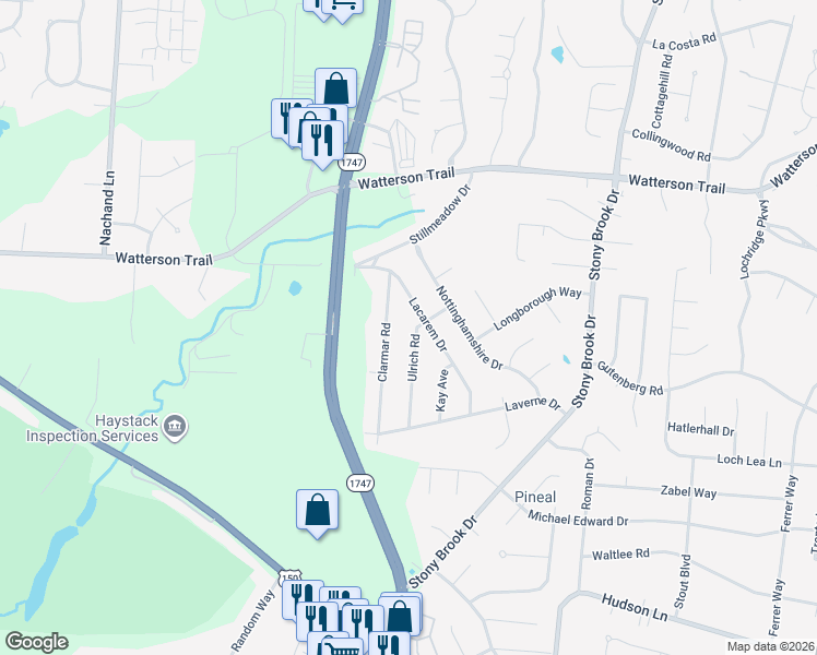 map of restaurants, bars, coffee shops, grocery stores, and more near 4715 Lacarem Drive in Jeffersontown
