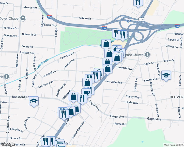 map of restaurants, bars, coffee shops, grocery stores, and more near 1836 Kendall Lane in Louisville