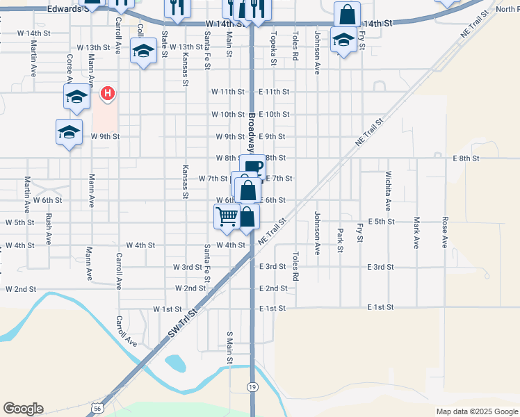map of restaurants, bars, coffee shops, grocery stores, and more near 101-199 E 6th St in Larned