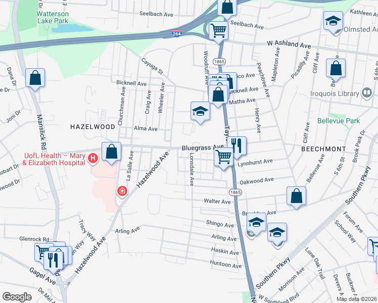 map of restaurants, bars, coffee shops, grocery stores, and more near 1400 Bluegrass Avenue in Louisville