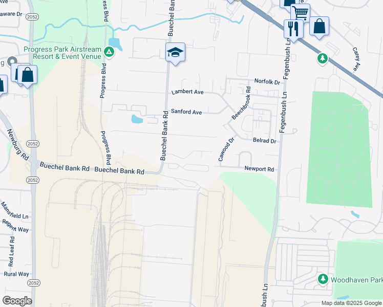 map of restaurants, bars, coffee shops, grocery stores, and more near 6001 Barley Avenue in Louisville