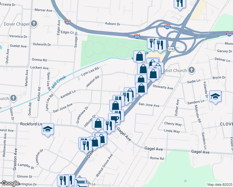 map of restaurants, bars, coffee shops, grocery stores, and more near 1836 Kendall Lane in Louisville