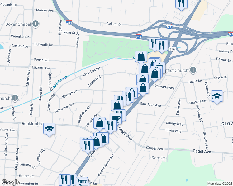 map of restaurants, bars, coffee shops, grocery stores, and more near 1836 Kendall Lane in Louisville