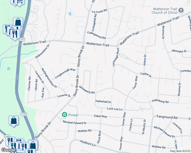 map of restaurants, bars, coffee shops, grocery stores, and more near 4605 Haeringdon Drive in Louisville