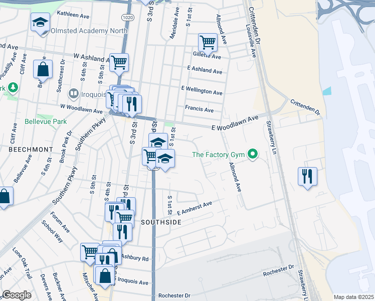 map of restaurants, bars, coffee shops, grocery stores, and more near 103 Kenwood Court in Louisville