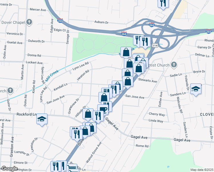 map of restaurants, bars, coffee shops, grocery stores, and more near 1836 Kendall Lane in Louisville