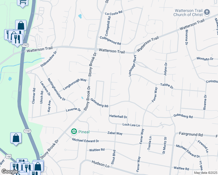 map of restaurants, bars, coffee shops, grocery stores, and more near 4605 Haeringdon Drive in Louisville