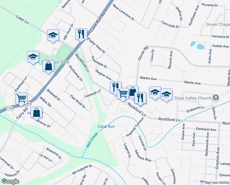 map of restaurants, bars, coffee shops, grocery stores, and more near 2715 Rockford Lane in Louisville