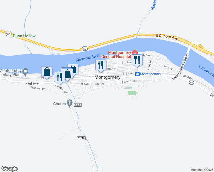 map of restaurants, bars, coffee shops, grocery stores, and more near Fayette Pike in Montgomery