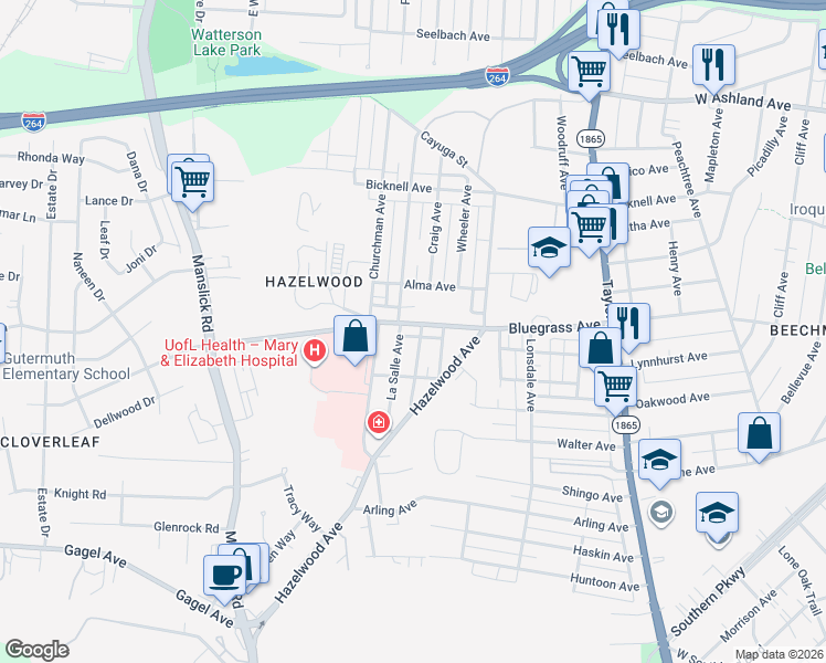 map of restaurants, bars, coffee shops, grocery stores, and more near 1514 Bluegrass Avenue in Louisville