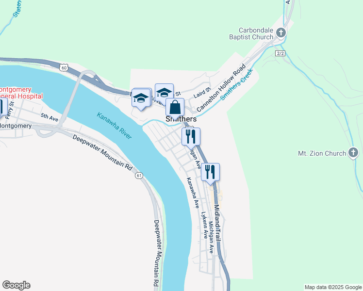 map of restaurants, bars, coffee shops, grocery stores, and more near 18 Montgomery Street in Smithers