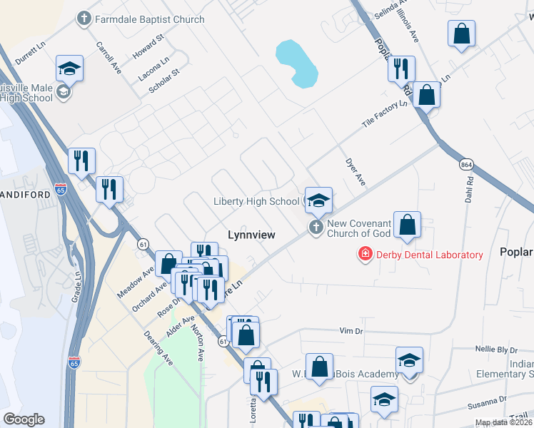 map of restaurants, bars, coffee shops, grocery stores, and more near 4908 Warbler Way in Louisville