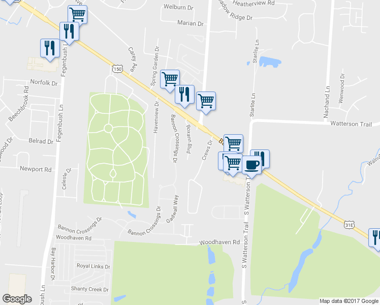 map of restaurants, bars, coffee shops, grocery stores, and more near 4627 Roxann Boulevard in Louisville