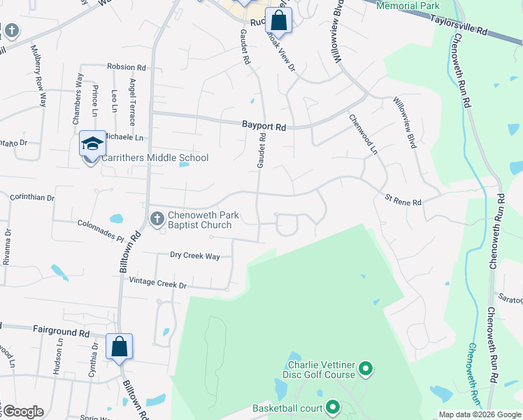 map of restaurants, bars, coffee shops, grocery stores, and more near 4505 Gaudet Road in Jeffersontown