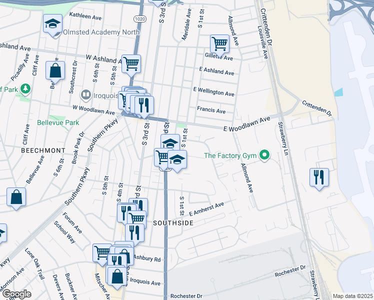 map of restaurants, bars, coffee shops, grocery stores, and more near 103 Kenwood Court in Louisville