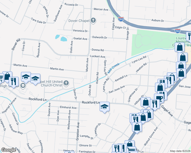 map of restaurants, bars, coffee shops, grocery stores, and more near 4629 Dohn Road in Louisville