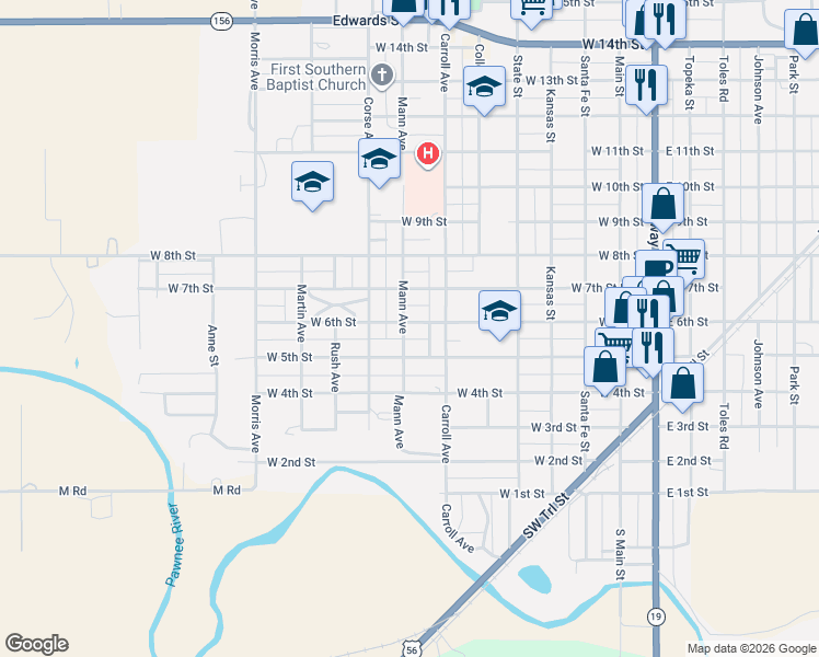 map of restaurants, bars, coffee shops, grocery stores, and more near 655-715 West 6th Street in Larned