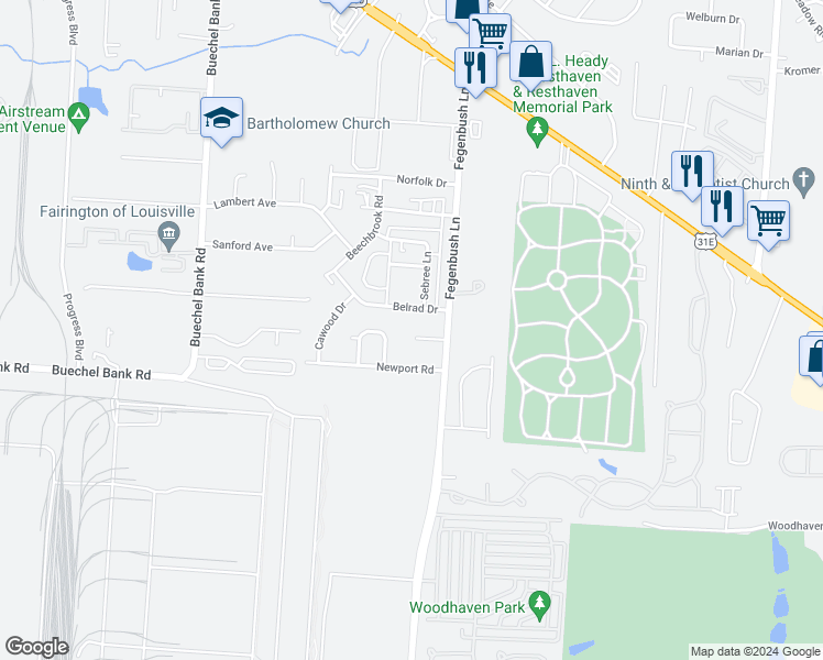 map of restaurants, bars, coffee shops, grocery stores, and more near 4403 Kern Court in Louisville