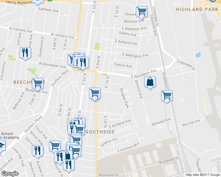 map of restaurants, bars, coffee shops, grocery stores, and more near 103 Kenwood Court in Louisville