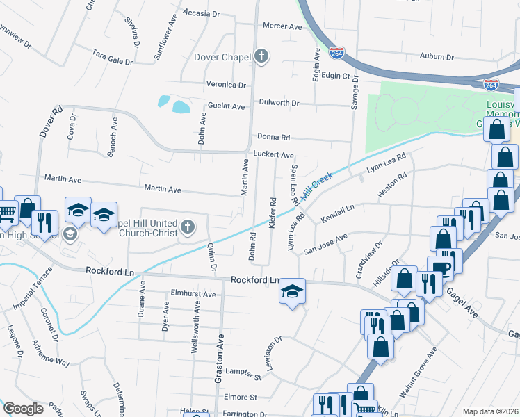 map of restaurants, bars, coffee shops, grocery stores, and more near 4629 Dohn Rd in Louisville