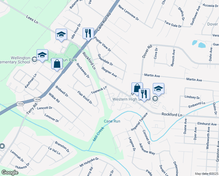 map of restaurants, bars, coffee shops, grocery stores, and more near 2724 Rockford Lane in Louisville