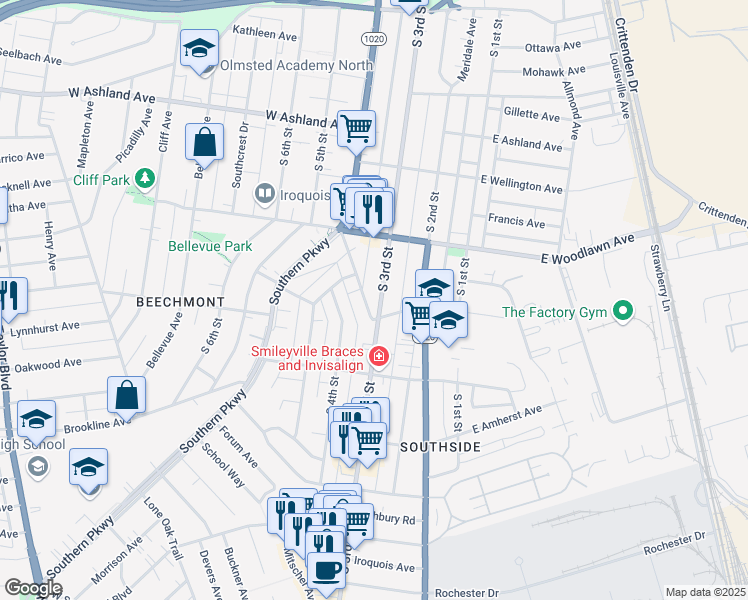 map of restaurants, bars, coffee shops, grocery stores, and more near 4722 South 3rd Street in Louisville