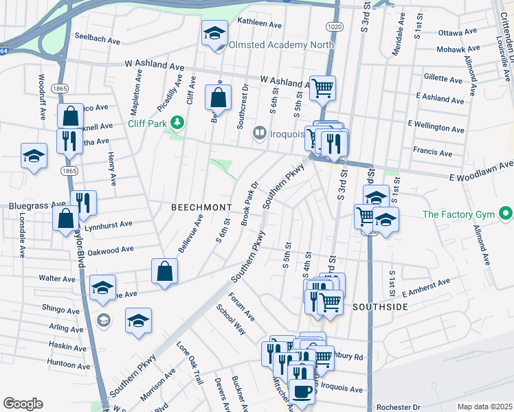 map of restaurants, bars, coffee shops, grocery stores, and more near 4742 Southern Parkway in Louisville