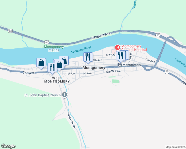 map of restaurants, bars, coffee shops, grocery stores, and more near 706 Fayette Pike West in Montgomery