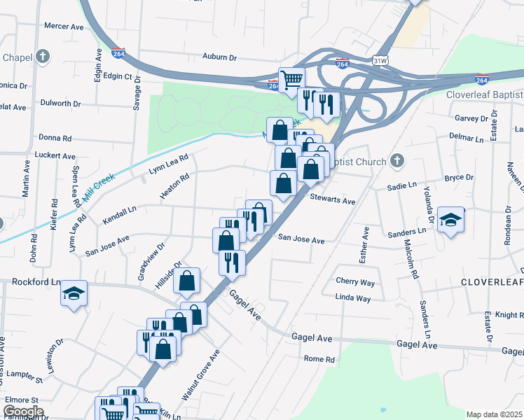 map of restaurants, bars, coffee shops, grocery stores, and more near 1819 Kendall Lane in Louisville