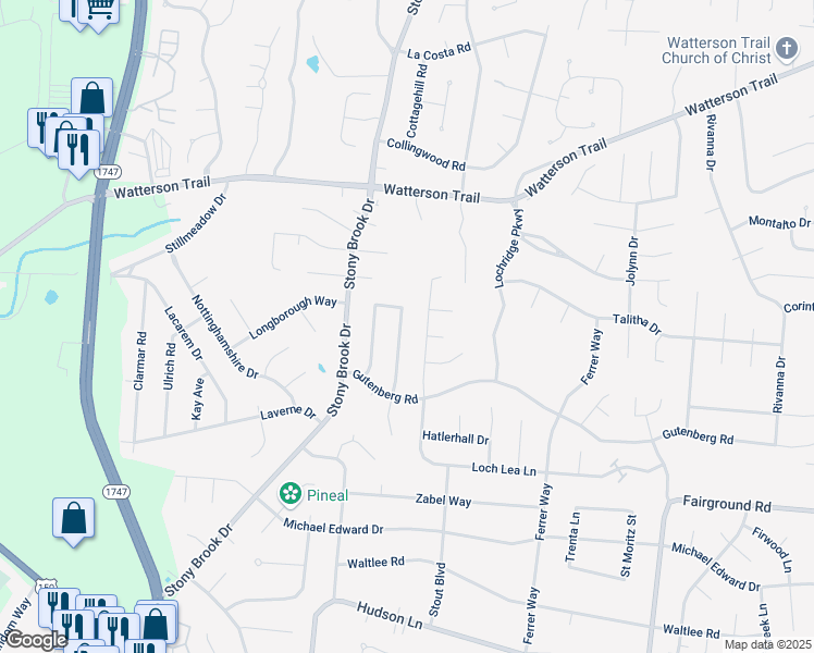 map of restaurants, bars, coffee shops, grocery stores, and more near 4605 Haeringdon Drive in Louisville