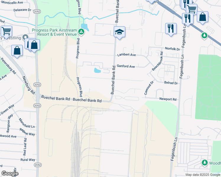 map of restaurants, bars, coffee shops, grocery stores, and more near 1915 Buechel Bank Road in Louisville
