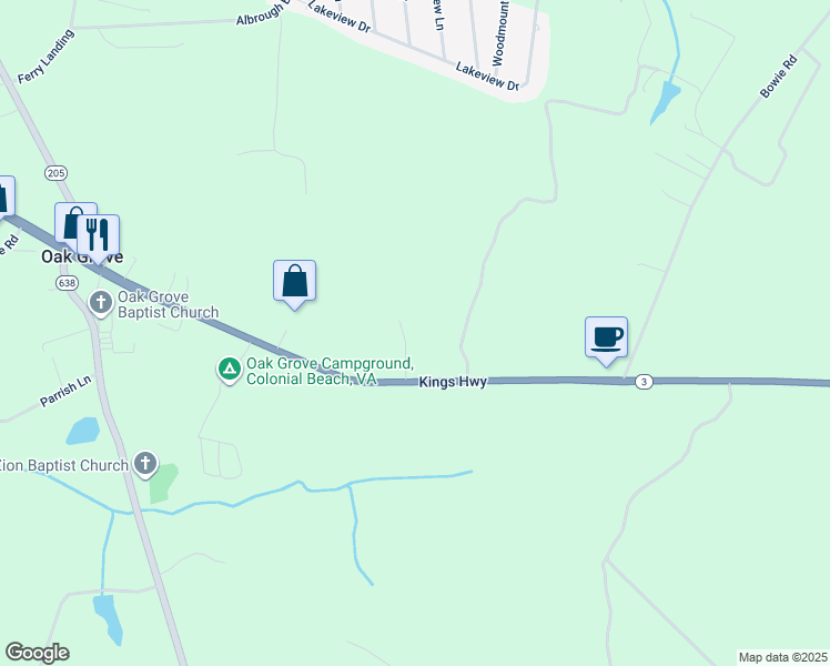 map of restaurants, bars, coffee shops, grocery stores, and more near 3699 Kings Highway in Colonial Beach