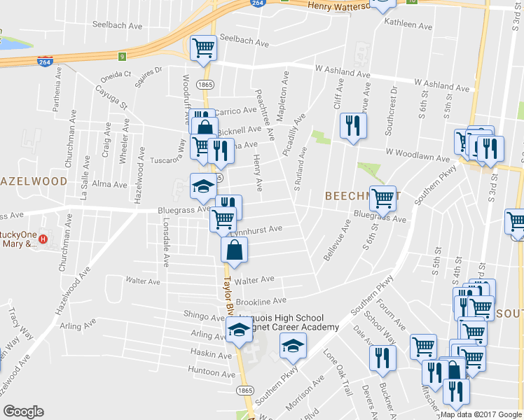 map of restaurants, bars, coffee shops, grocery stores, and more near 1032 Bluegrass Avenue in Louisville