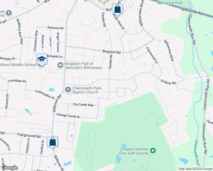 map of restaurants, bars, coffee shops, grocery stores, and more near 4505 Gaudet Road in Jeffersontown