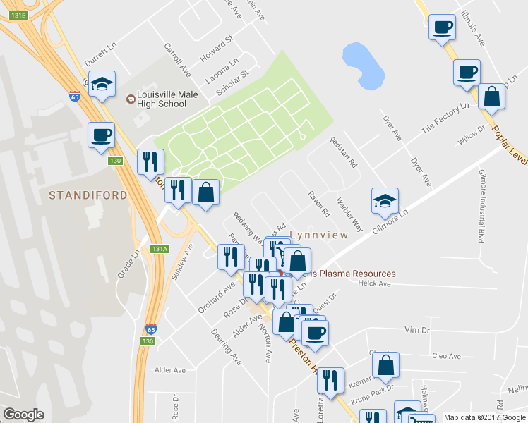 map of restaurants, bars, coffee shops, grocery stores, and more near 4819 Swallow Road in Louisville
