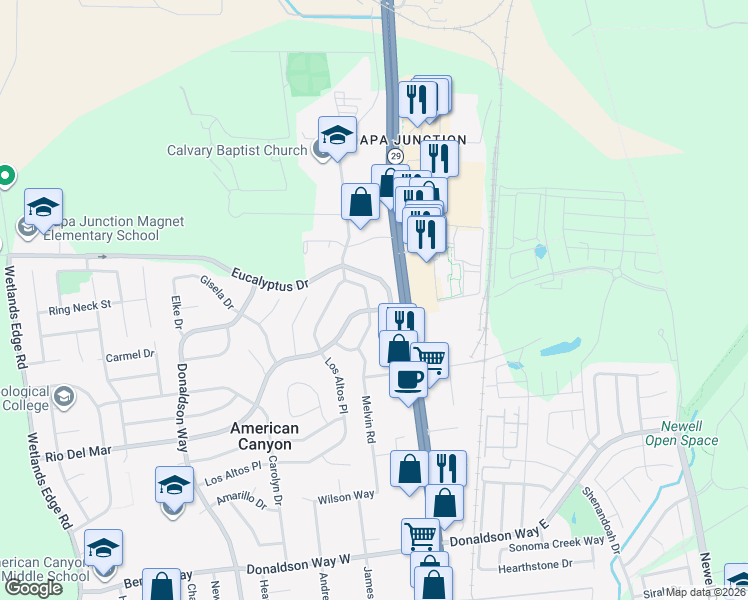 map of restaurants, bars, coffee shops, grocery stores, and more near 104 Los Altos Place in American Canyon