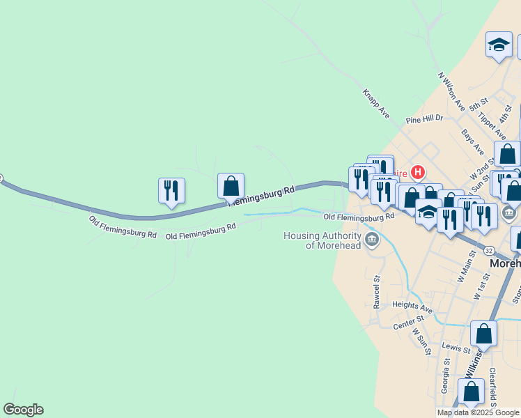 map of restaurants, bars, coffee shops, grocery stores, and more near 812 Willow Drive in Morehead