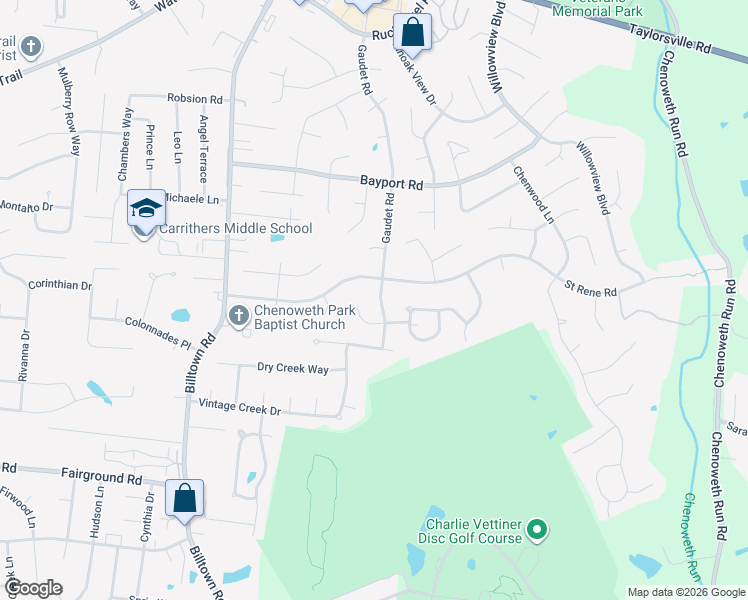 map of restaurants, bars, coffee shops, grocery stores, and more near 4505 Gaudet Road in Jeffersontown