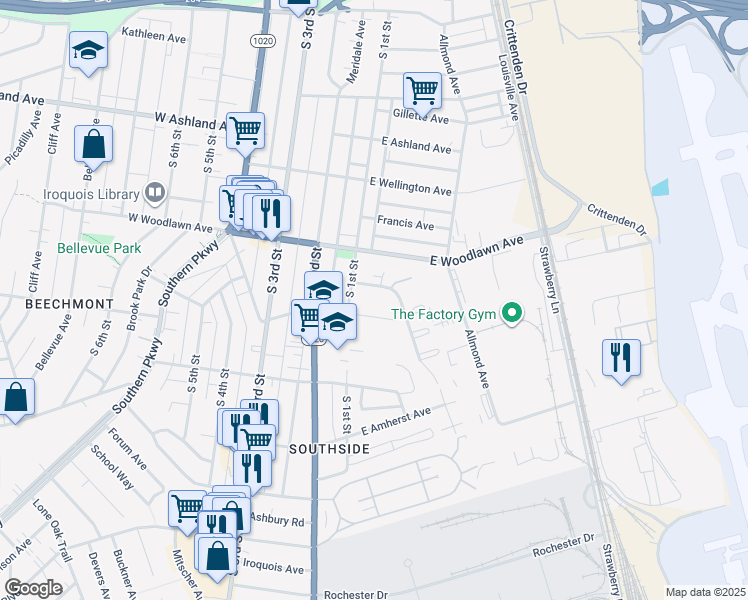 map of restaurants, bars, coffee shops, grocery stores, and more near 103 Kenwood Court in Louisville