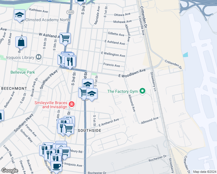 map of restaurants, bars, coffee shops, grocery stores, and more near 113 Douglas Park in Louisville