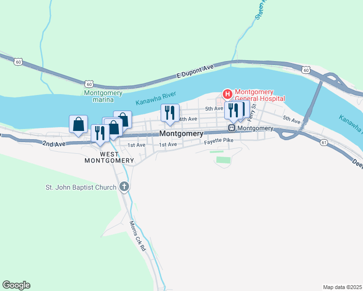 map of restaurants, bars, coffee shops, grocery stores, and more near 706 Fayette Pike West in Montgomery