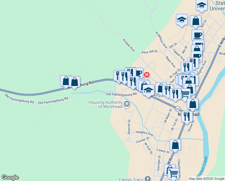 map of restaurants, bars, coffee shops, grocery stores, and more near 510 South Willow Drive in Morehead